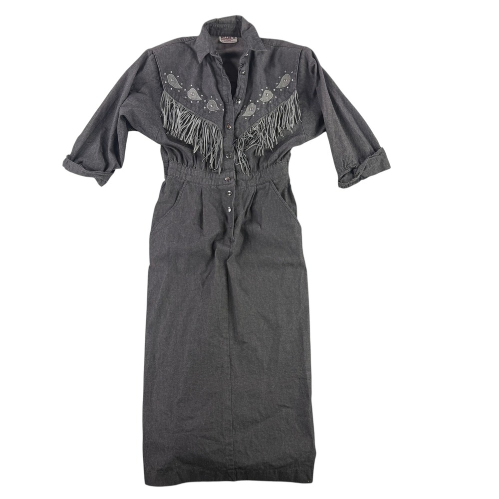 Miller Stockman Denim Dress Womens S Gray Western Fringe Rhinestone Maxi Vintage